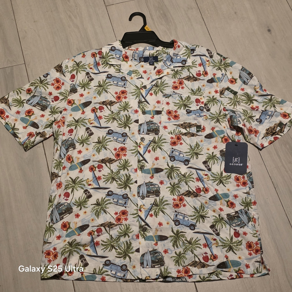 B038 George Men's Floral and Car Print Shirt - White and Red